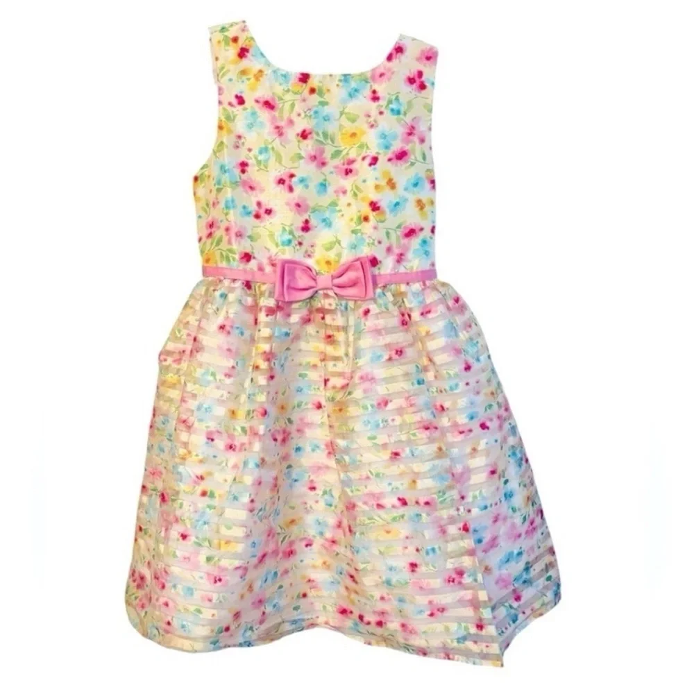 Jona Michelle Multicolor Floral Dress with Pink Bow Size 6